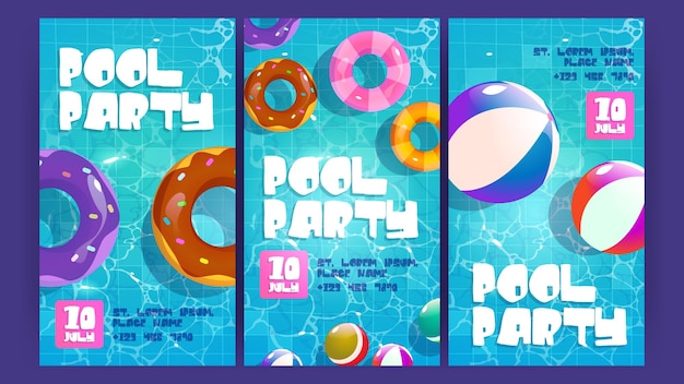 Carteles de fiesta en la piscina con anillos de goma inflables y pelotas flotando en el agua banners verticales vectoriales de vacaciones de verano con vista superior de dibujos animados de la piscina