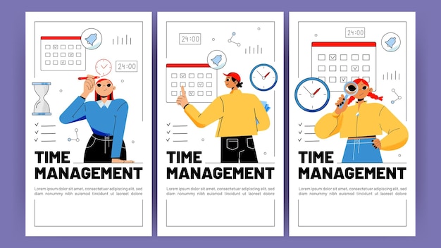 Vector gratuito carteles de gestión del tiempo con trabajadores y calendario.
