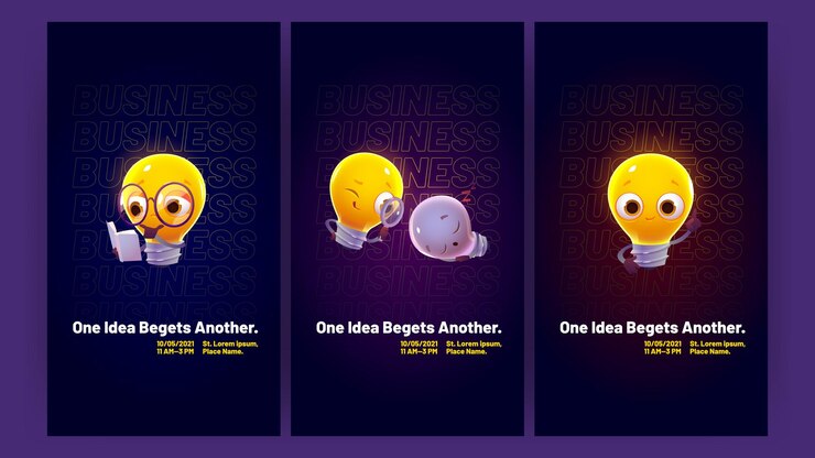 Vector gratuito carteles de ideas con lindos personajes de bombillas concepto de una idea engendra otra inspiración de solución creativa banners vectoriales con ilustración de dibujos animados de lámpara brillante divertida con libro y lupa