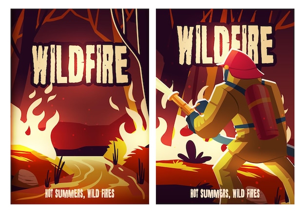 Carteles de incendios forestales con bosque en llamas y bombero.