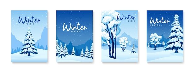 Vector gratuito carteles de invierno conjunto azul con ventisqueros y árboles de navidad ilustración vectorial aislado