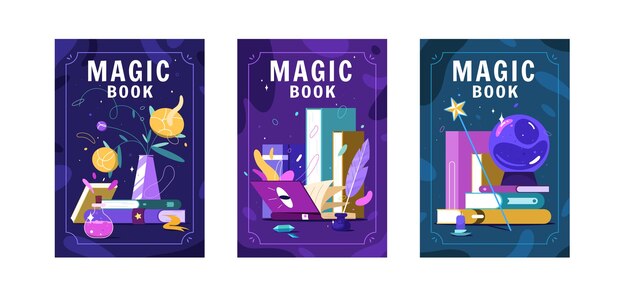 Carteles de libros mágicos planos o montones de literatura de volantes con cubiertas coloridas y bolas mágicas antiguas, así que