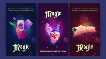 Vector gratis carteles mágicos de dibujos animados con cosas de brujas, cartas de libros de hechizos de mago, plantas y botellas de pociones.