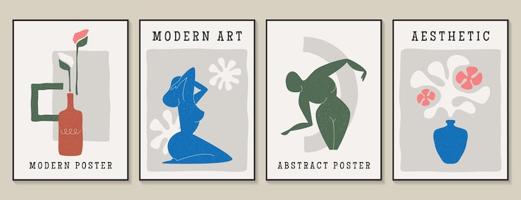 Vector gratuito carteles de matice contemporáneos con figuras femeninas en silueta y flores en jarrón