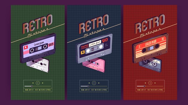 Carteles de mixtapes retro con casetes de audio antiguos
