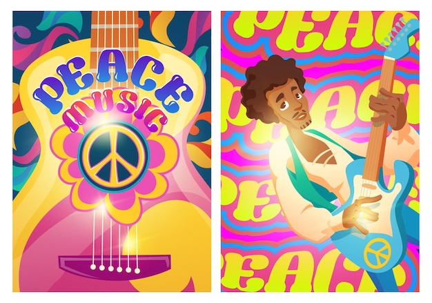 Carteles de música de paz con signo hippie y hombre con guitarra woodstock