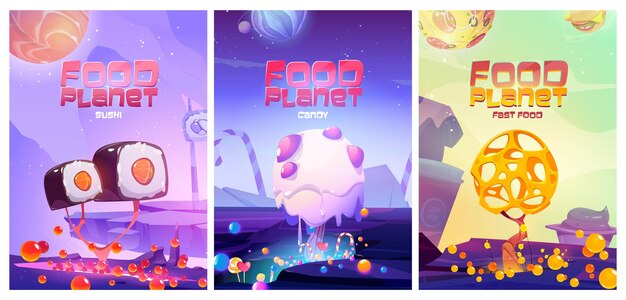 Carteles de planeta de alimentos con paisaje de fantasía con comida rápida de sushi, dulces y árboles de queso