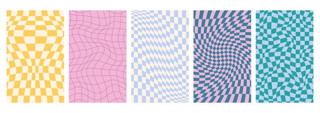 Carteles psicodélicos de tablero de ajedrez con patrón distorsionado geométrico sin costuras con azulejos de cuadrícula deformados