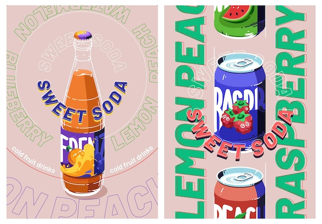 Carteles publicitarios de refrescos dulces con botella y lata