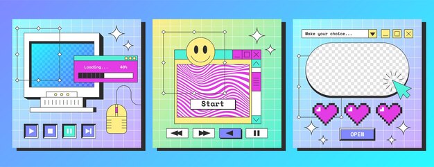Los carteles de las redes sociales con interfaz de computadora de escritorio retro con botones de navegador ventanas cajas de mensajes