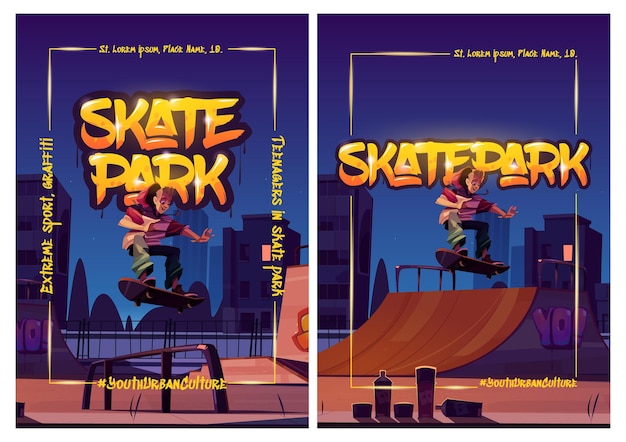 Carteles de skate park con niño en patineta