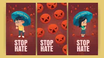 Vector gratuito carteles stop hate con niños asiáticos bajo paraguas y emoji enojado rojo que cae vector banners verticales de protesta contra el racismo y el odio con ilustración de dibujos animados de niña y niño tristes de asia