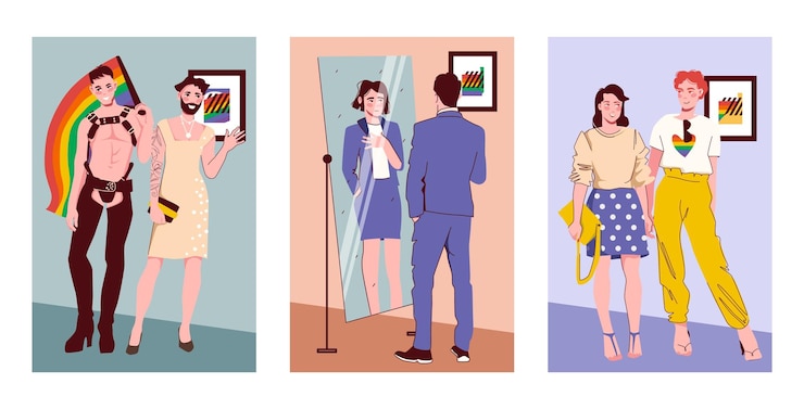 Vector gratuito carteles verticales planos de la comunidad lgbt con personas lesbianas transgénero gay ilustración vectorial aislada