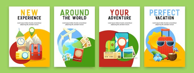 Carteles de viaje con información sobre cruceros por el mundo, lugares famosos, reserva en línea, vacaciones de verano.