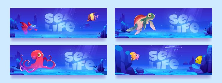 Vector gratuito carteles de vida marina con divertidos personajes de peces, pulpos y tortugas bajo el agua en el océano. banners de vector con ilustración de dibujos animados de paisaje submarino con lindos animales marinos salvajes