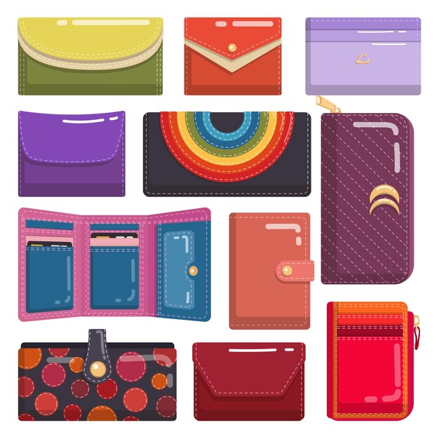 Carteras coloridas o conjunto de ilustración de dibujos animados de monedero