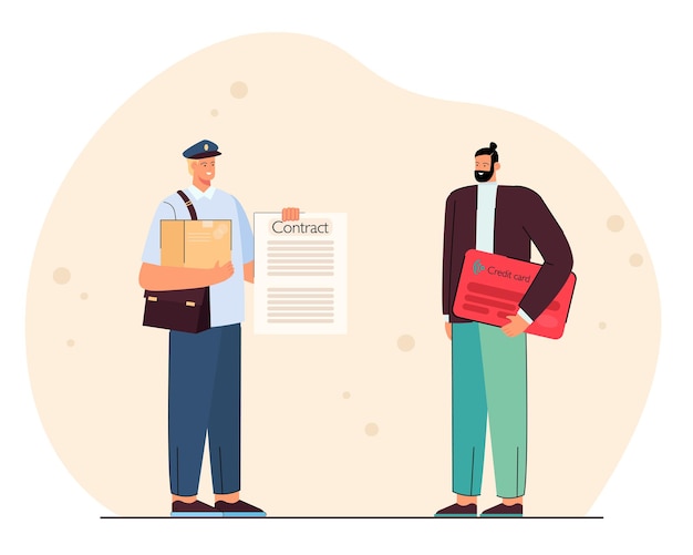 Cartero con contrato y cliente con tarjeta de crédito. Hombre pagando por paquete ilustración vectorial plana. Servicio postal o de entrega, concepto de compra para banner, diseño de sitio web o página web de inicio