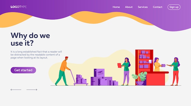Cartero dando paquete al cliente en la plantilla de página de destino de la oficina de correos