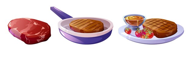 Cartoon de carne a la parrilla carne de res o carne de cerdo vector BBQ