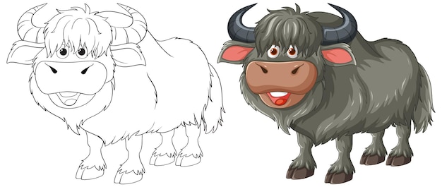 Cartoon Yak antes y después de colorear