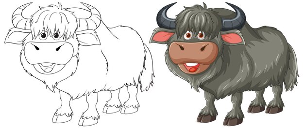 Cartoon Yak antes y después de colorear