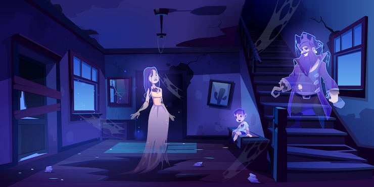 Vector gratuito casa abandonada pasillo con fantasmas caminar en la oscuridad