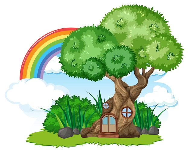 Vector gratuito casa del árbol de fantasía con arco iris en el cielo