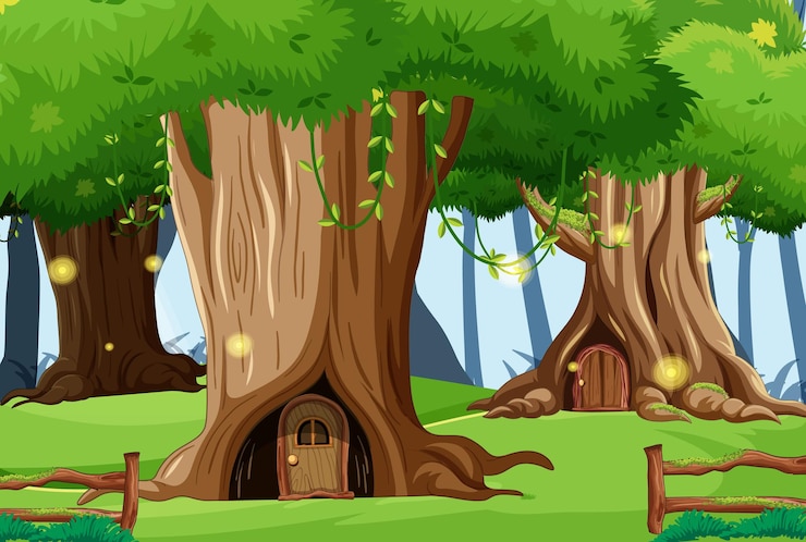 Vector gratuito casa del árbol de fantasía en el bosque