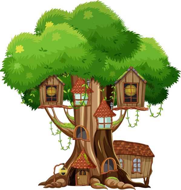 Casa del árbol de fantasía dentro del tronco de un árbol sobre fondo blanco.