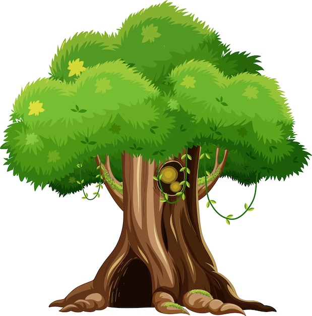 Casa de árbol de fantasía dentro del tronco del árbol sobre fondo blanco