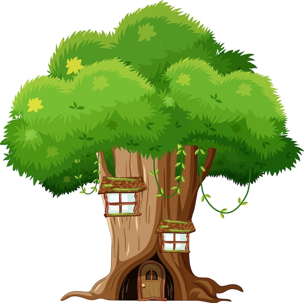 Casa del árbol de fantasía dentro del tronco de un árbol sobre fondo blanco.