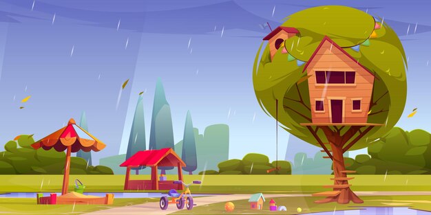 Vector gratuito casa del árbol y parque infantil en la lluvia de césped verde