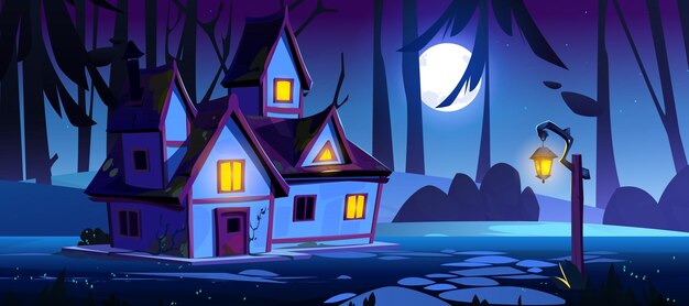 Casa de brujas en el paisaje del bosque en el vector de la noche