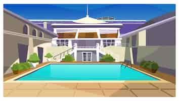 Vector gratuito casa de campo con ilustración de piscina.