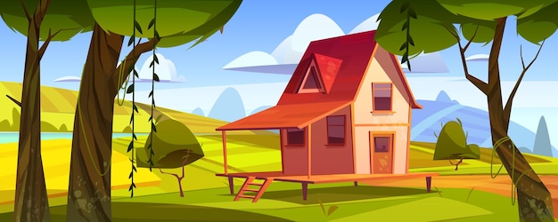 Casa de campo de madera con campos agrícolas y jardín. vector de dibujos animados paisaje de verano de campo con colinas verdes, lago, árboles y pequeña cabaña con porche