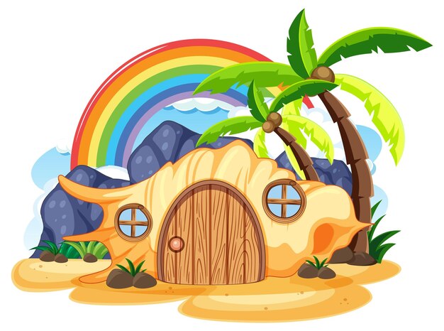 Casa de conchas en la isla en estilo de dibujos animados
