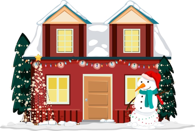 Vector gratuito casa cubierta de nieve con cadena de luces navideñas y muñeco de nieve