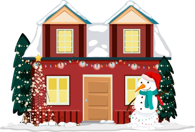 Casa cubierta de nieve con cadena de luces navideñas y muñeco de nieve