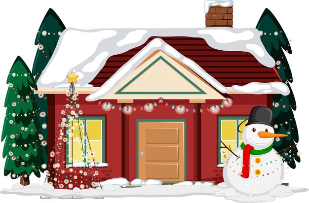 Casa cubierta de nieve con cadena de luces navideñas y muñeco de nieve