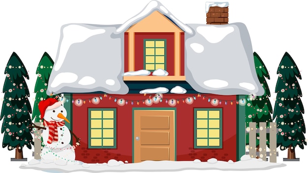 Casa cubierta de nieve con cadena de luces navideñas y muñeco de nieve