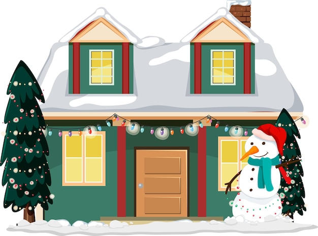 Casa cubierta de nieve con cadena de luces navideñas