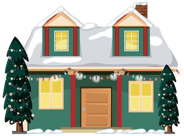 Casa cubierta de nieve con cadena de luces navideñas
