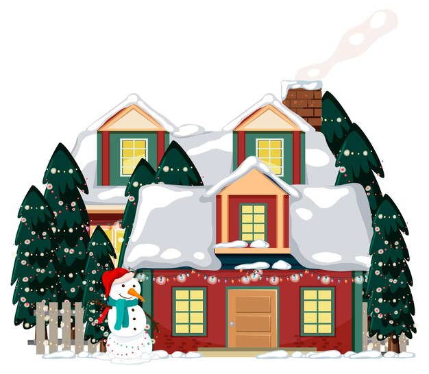 Casa cubierta de nieve con un muñeco de nieve y árboles
