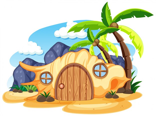 Casa de cuento de hadas en el estilo de dibujos animados de playa sobre fondo blanco