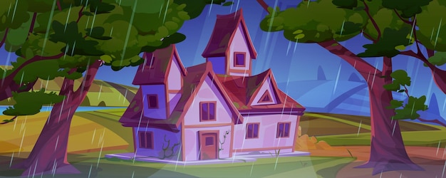 Vector gratuito casa de dibujos animados en la ilustración de vector de tiempo de lluvia