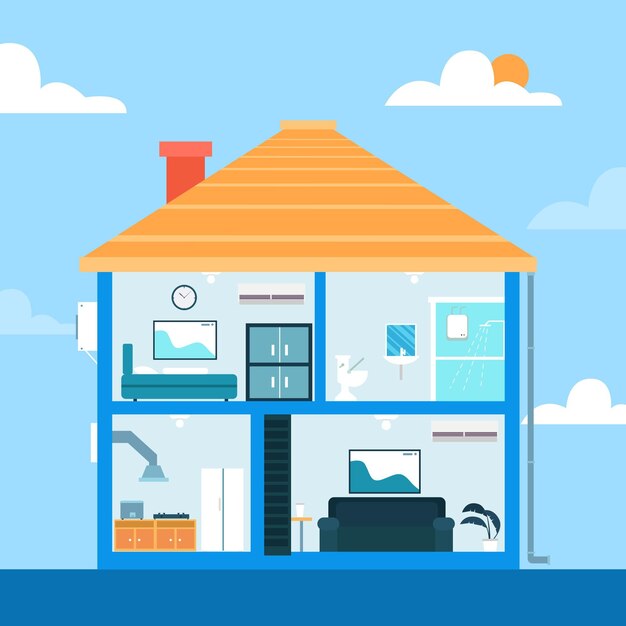Casa de diseño plano en la ilustración de la sección transversal