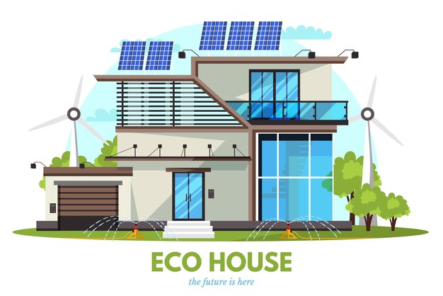Casa ecológica moderna con energía renovable alternativa Tecnología ecológicamente limpia reutilización de agua ilustración de cabaña ambientalmente segura