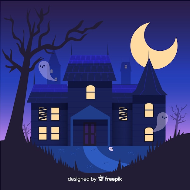 Vector gratuito casa embrujada de halloween dibujada a mano por fantasmas