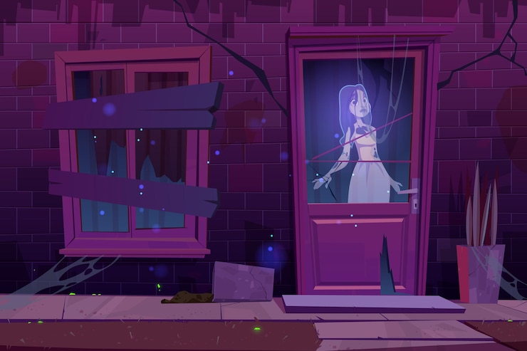 Vector gratuito casa embrujada con soporte fantasma en la oscuridad detrás de la ventana de la puerta