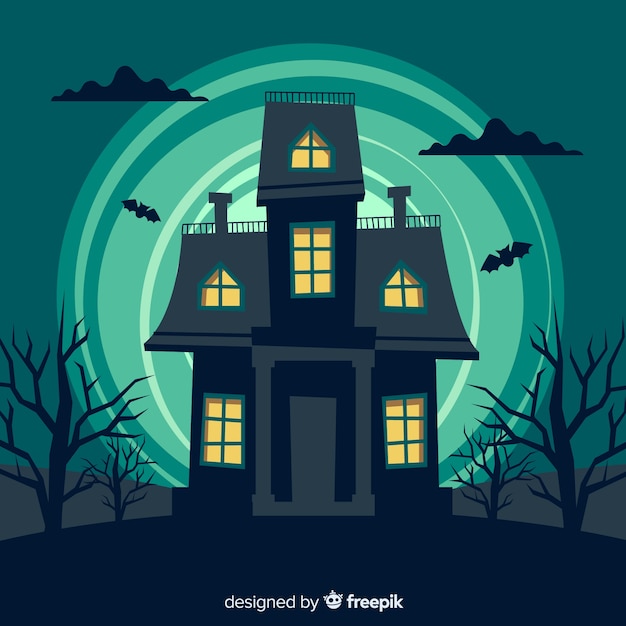 Vector gratuito casa encantada de halloween con diseño plano